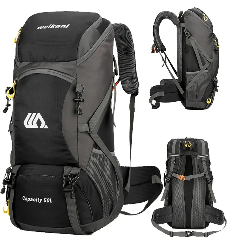 50L backpacking pack, front, side, and back views