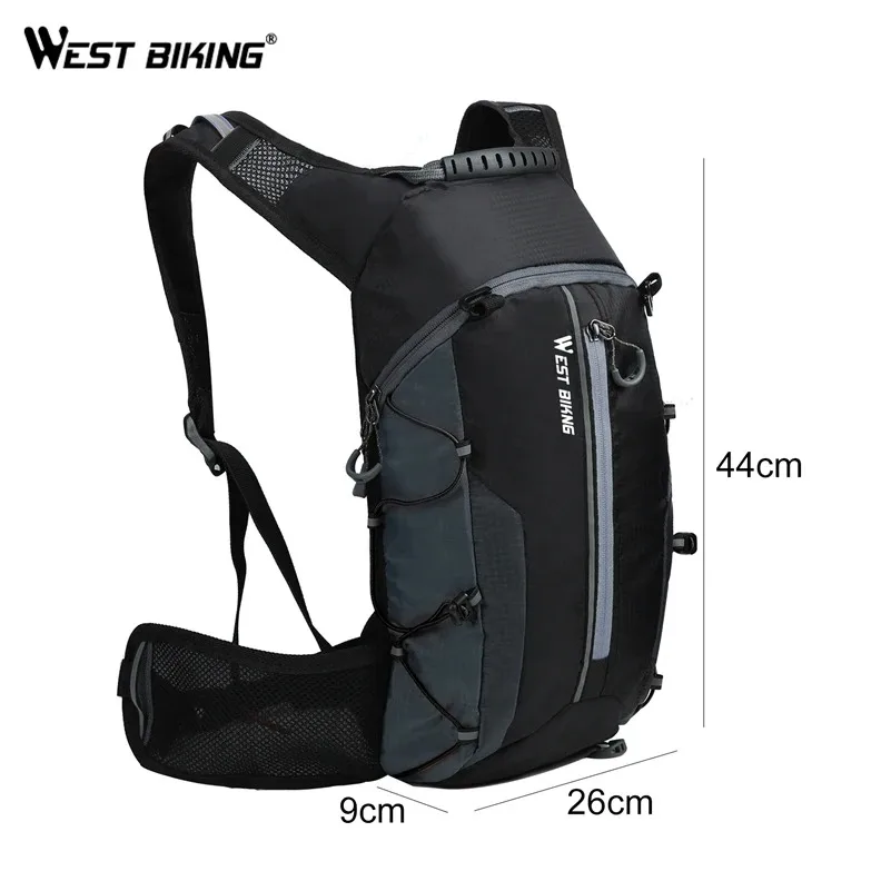 Daypack side view with dimensions labeled: 44 by 26 by 9 centimeters