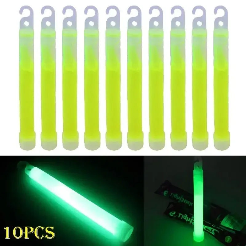 10-pack of green glow sticks with hooks, packaged and glowing