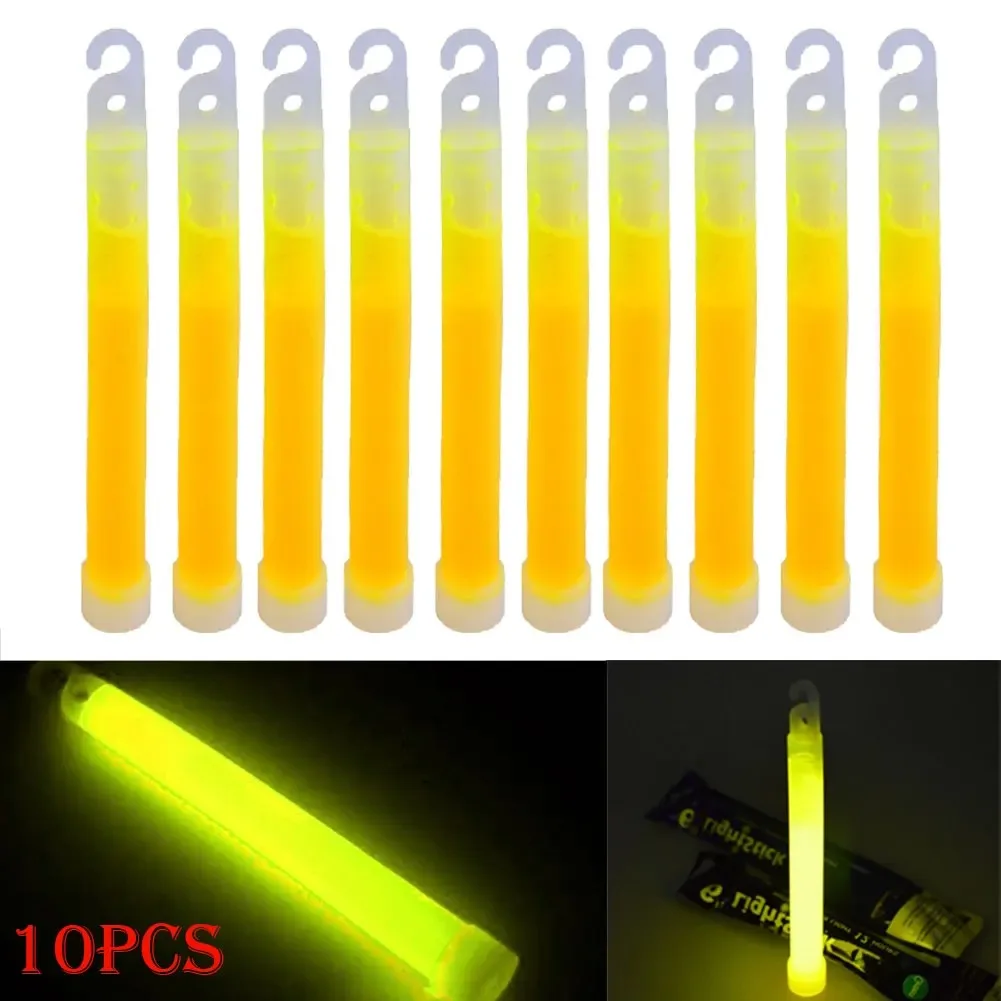 10-pack of yellow glow sticks with hooks, glowing